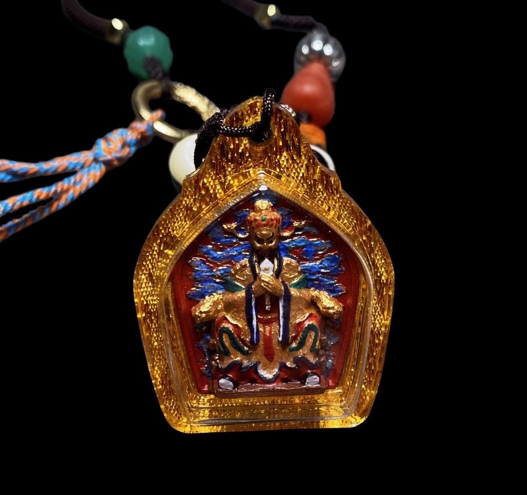 Handpainted Fifth Dragon King Tsa Tsa Pendant, Mineral Pigment Miniature Thangka, Tibetan Sacred Clay Amulet, Buddhist Protection Necklace