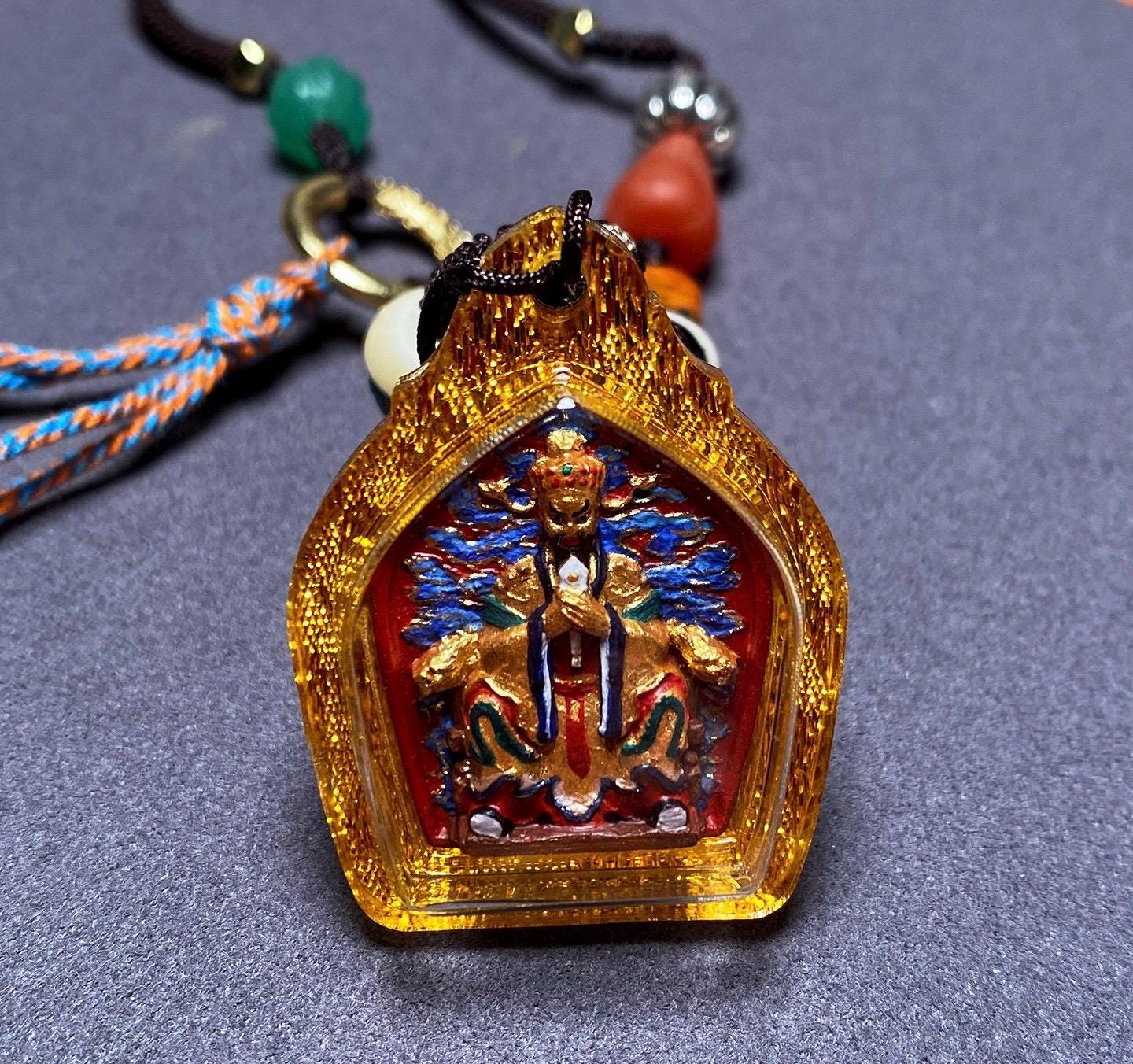 Handpainted Fifth Dragon King Tsa Tsa Pendant, Mineral Pigment Miniature Thangka, Tibetan Sacred Clay Amulet, Buddhist Protection Necklace