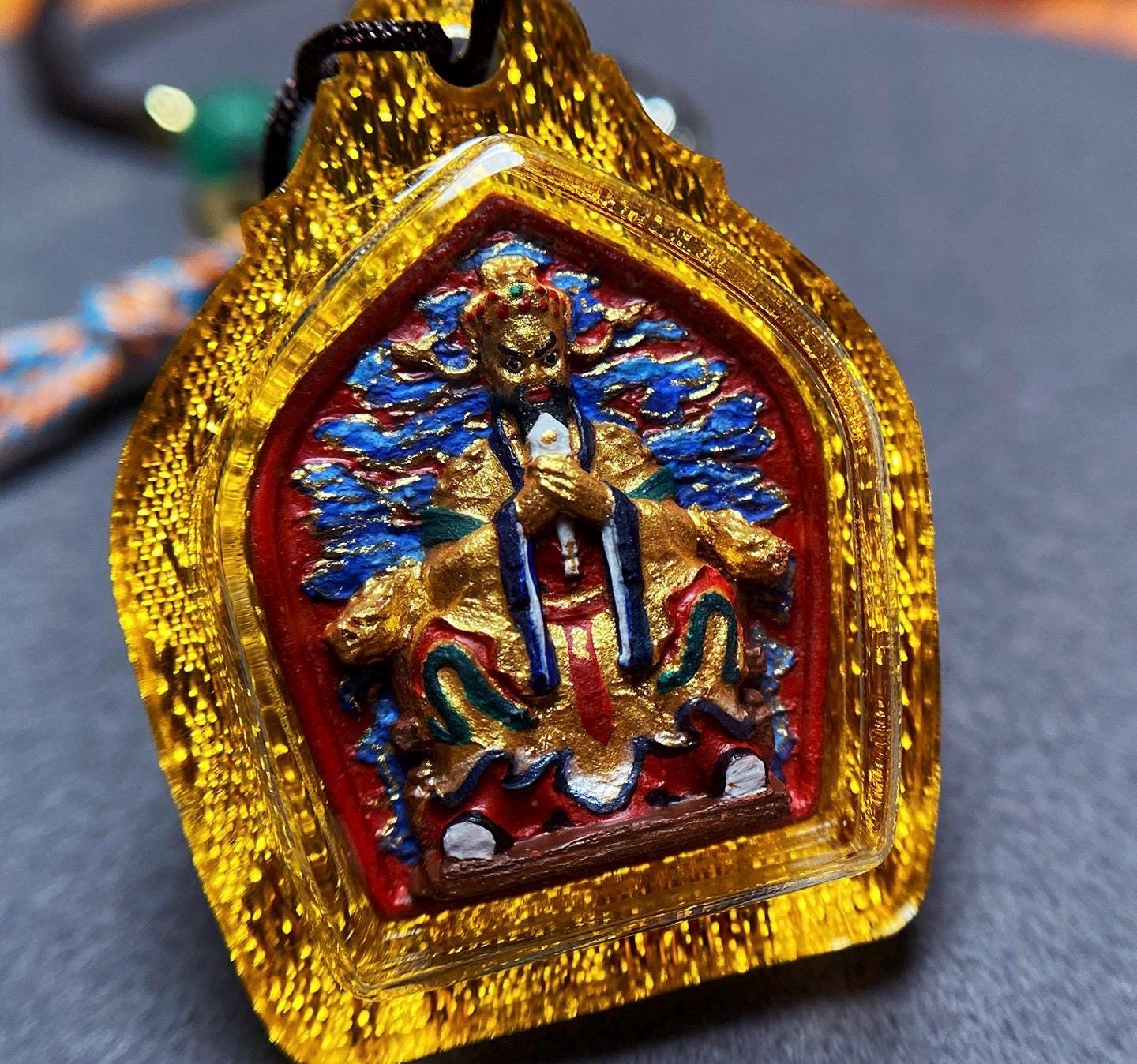 Handpainted Fifth Dragon King Tsa Tsa Pendant, Mineral Pigment Miniature Thangka, Tibetan Sacred Clay Amulet, Buddhist Protection Necklace