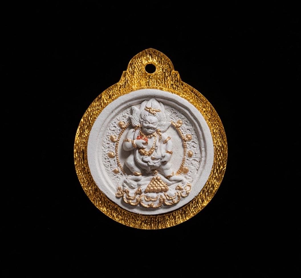 Handpainted Black Jambhala Tsa Tsa, Tibetan Wealth Deity Clay Amulet, Mineral Pigment Gau Box Pendant, Miniature Thangka Gift