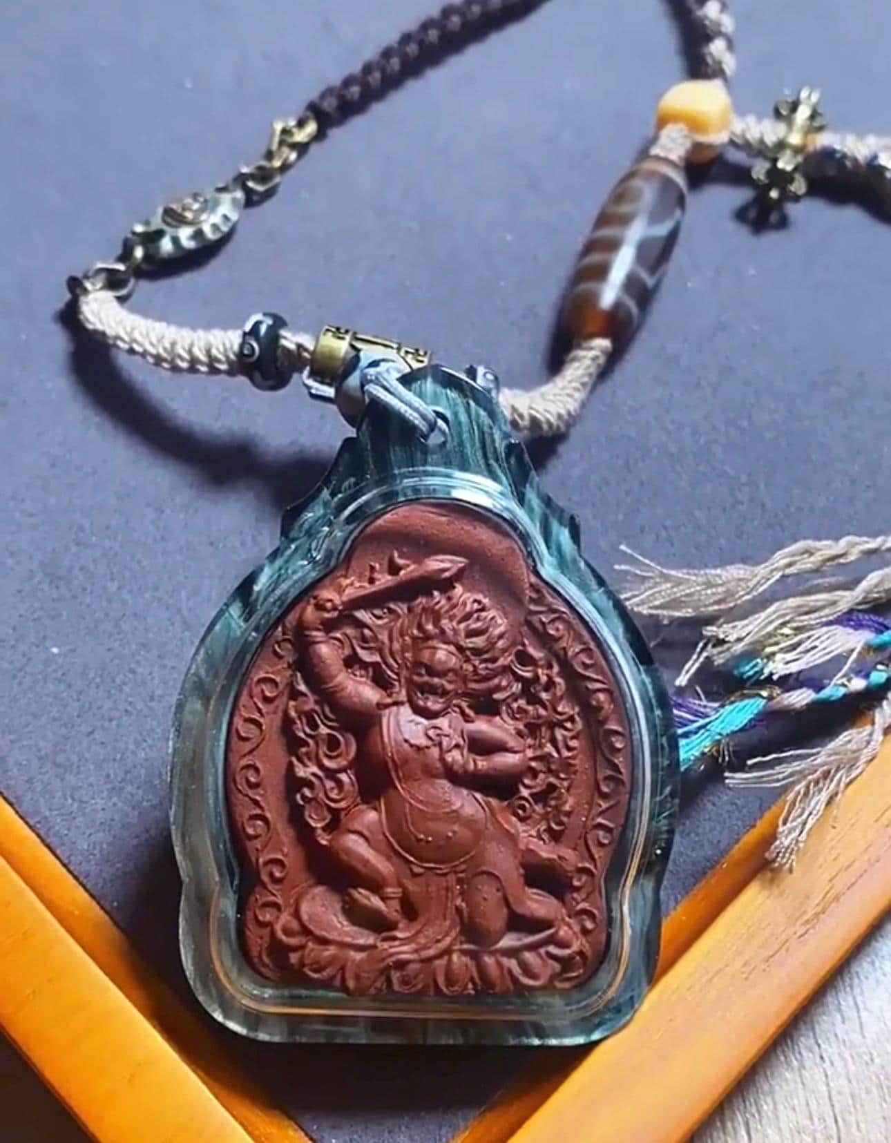 Handpainted Acala Tsa Tsa Pendant, Mineral Pigment Miniature Thangka, Tibetan Sacred Clay Amulet, Buddhist Guardian Protection Necklace
