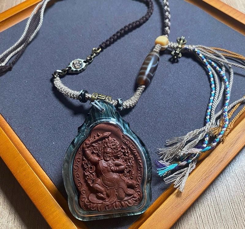 Handpainted Acala Tsa Tsa Pendant, Mineral Pigment Miniature Thangka, Tibetan Sacred Clay Amulet, Buddhist Guardian Protection Necklace
