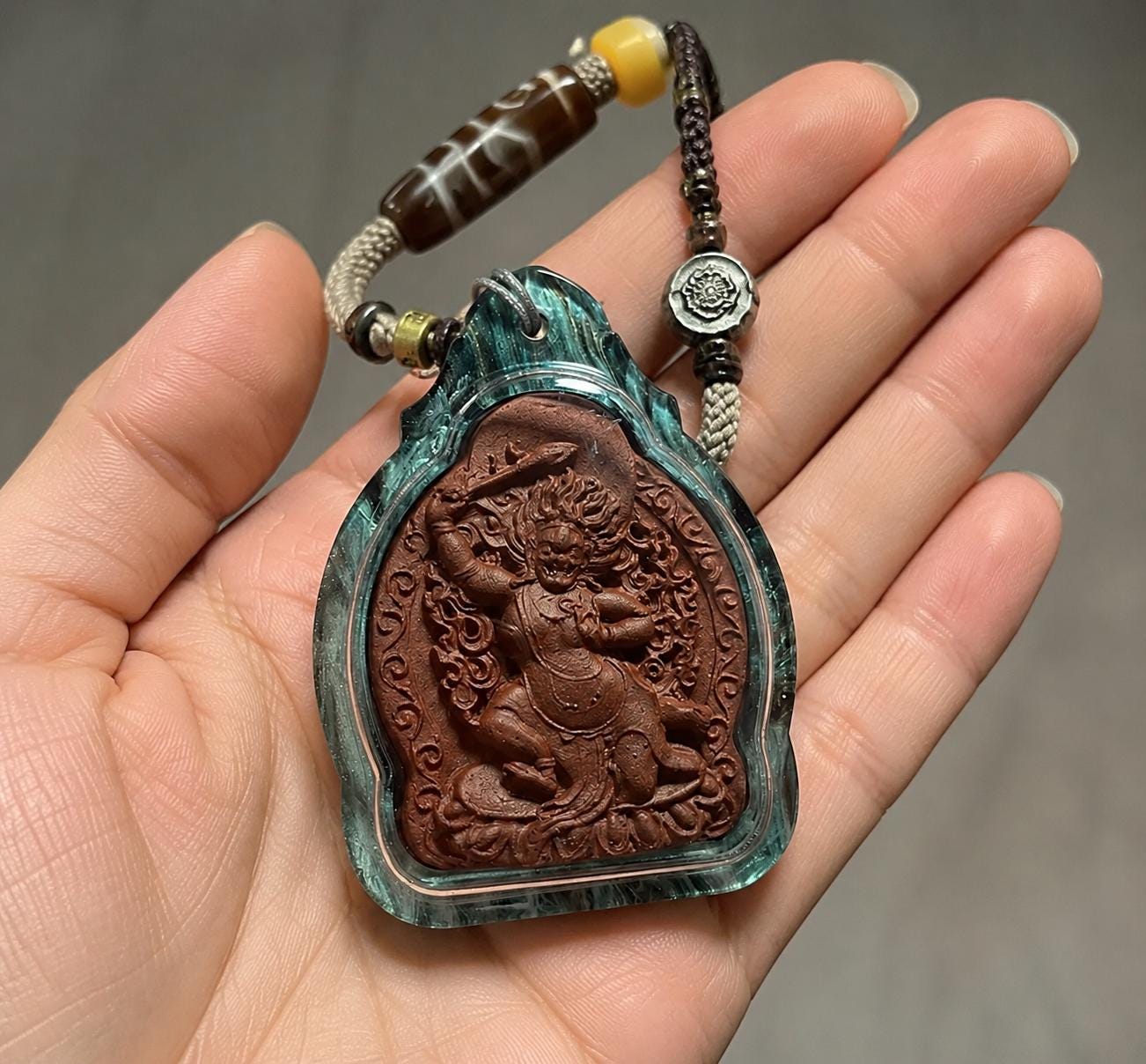 Handpainted Acala Tsa Tsa Pendant, Mineral Pigment Miniature Thangka, Tibetan Sacred Clay Amulet, Buddhist Guardian Protection Necklace