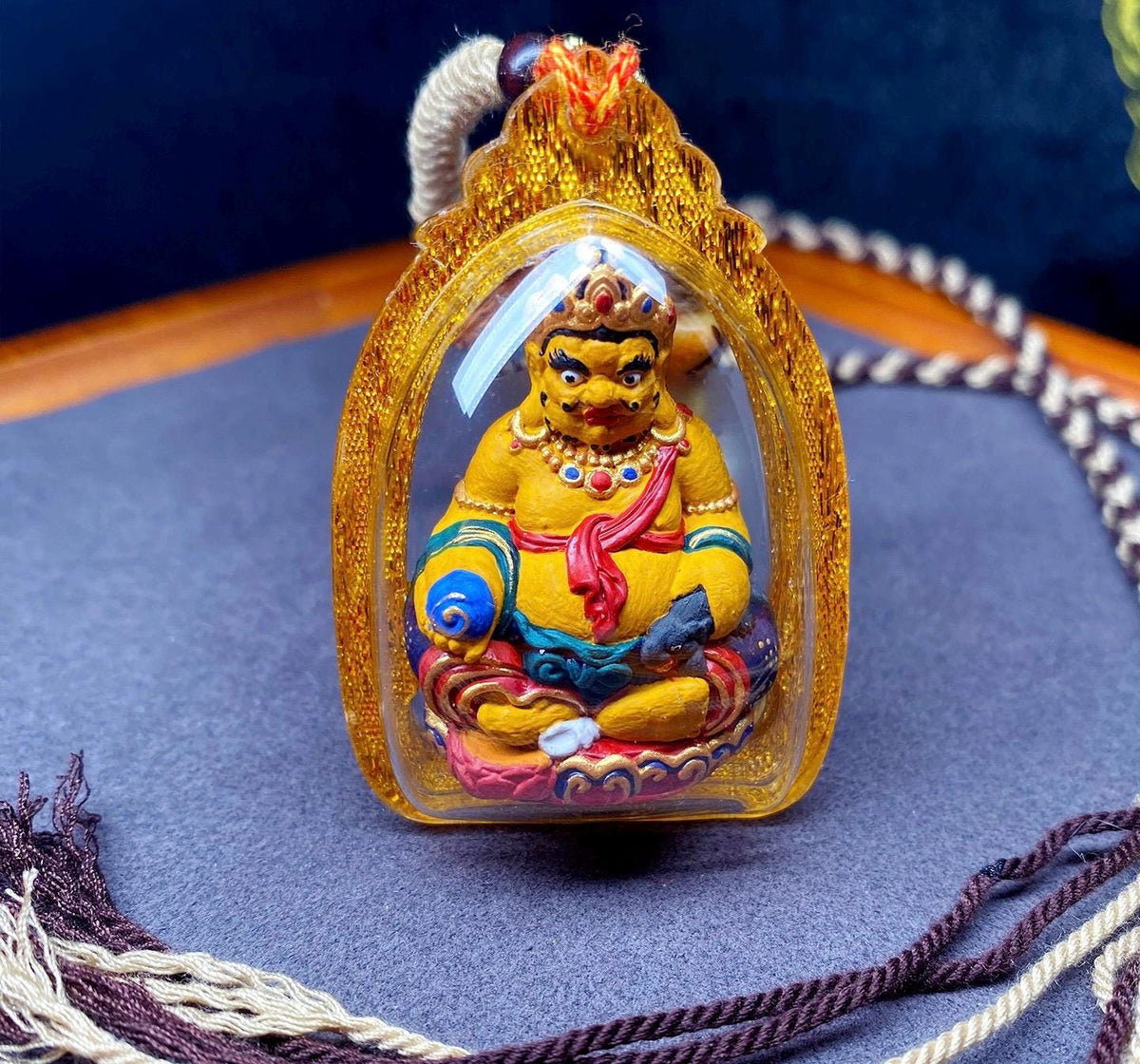 3D Handpainted Yellow Jambhala Tsa Tsa, Tibetan Wealth God Clay Amulet, Mineral Pigment Gau Box Pendant, Miniature Thangka Gift