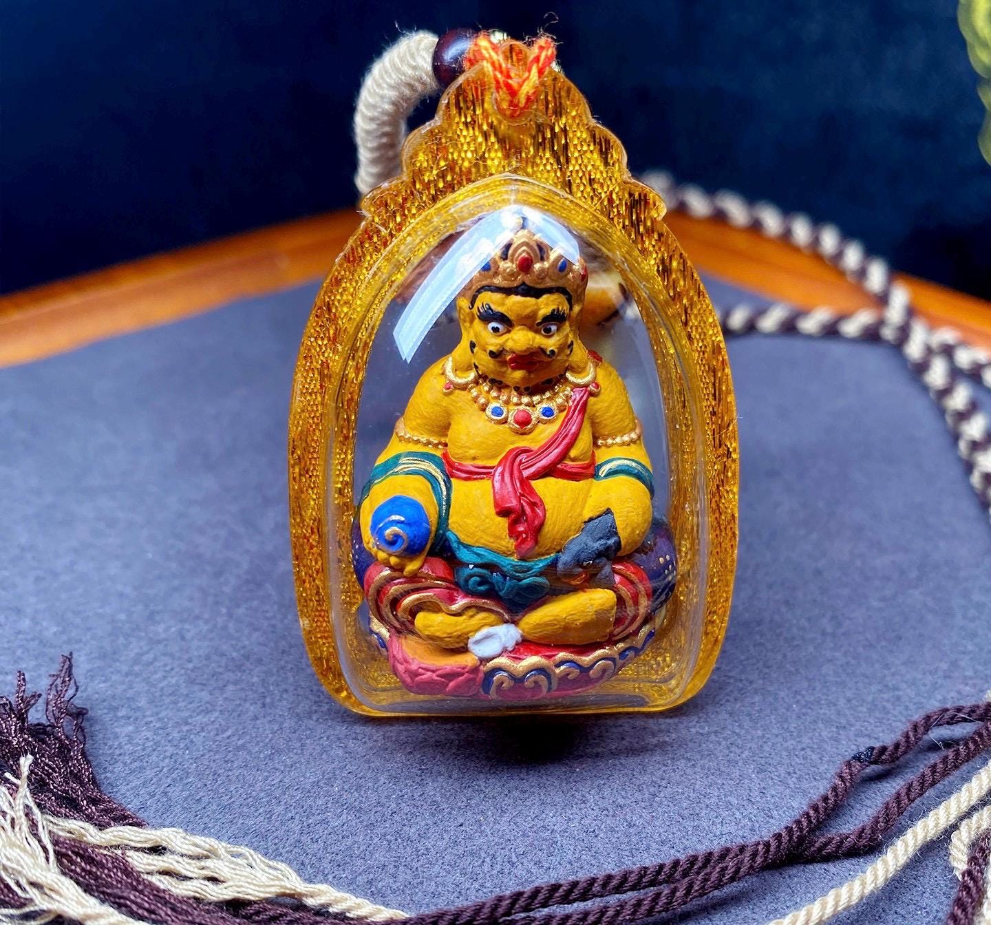 3D Handpainted Yellow Jambhala Tsa Tsa, Tibetan Wealth God Clay Amulet, Mineral Pigment Gau Box Pendant, Miniature Thangka Gift