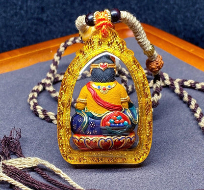 3D Handpainted Yellow Jambhala Tsa Tsa, Tibetan Wealth God Clay Amulet, Mineral Pigment Gau Box Pendant, Miniature Thangka Gift