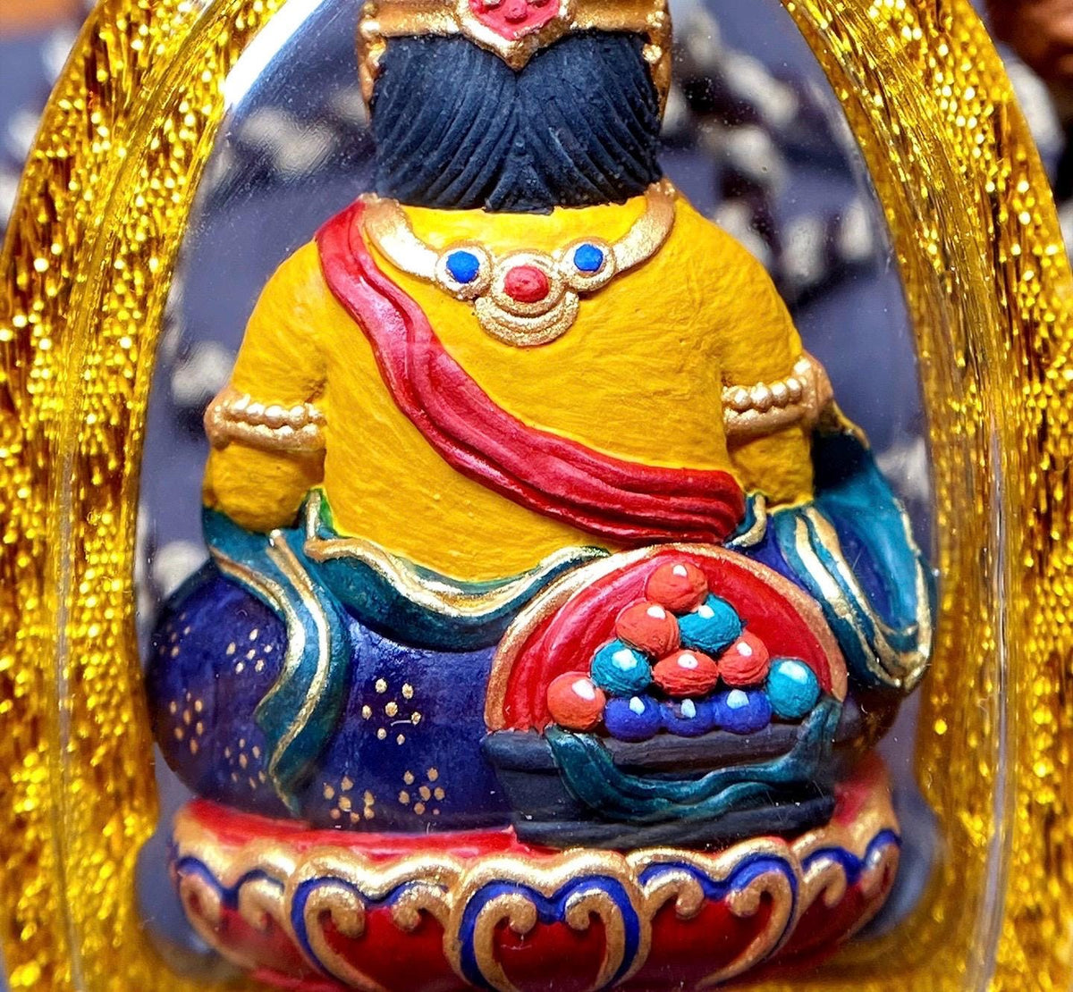 3D Handpainted Yellow Jambhala Tsa Tsa, Tibetan Wealth God Clay Amulet, Mineral Pigment Gau Box Pendant, Miniature Thangka Gift