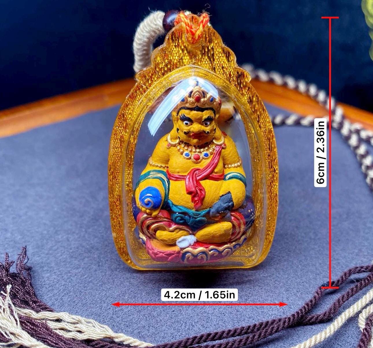 3D Handpainted Yellow Jambhala Tsa Tsa, Tibetan Wealth God Clay Amulet, Mineral Pigment Gau Box Pendant, Miniature Thangka Gift