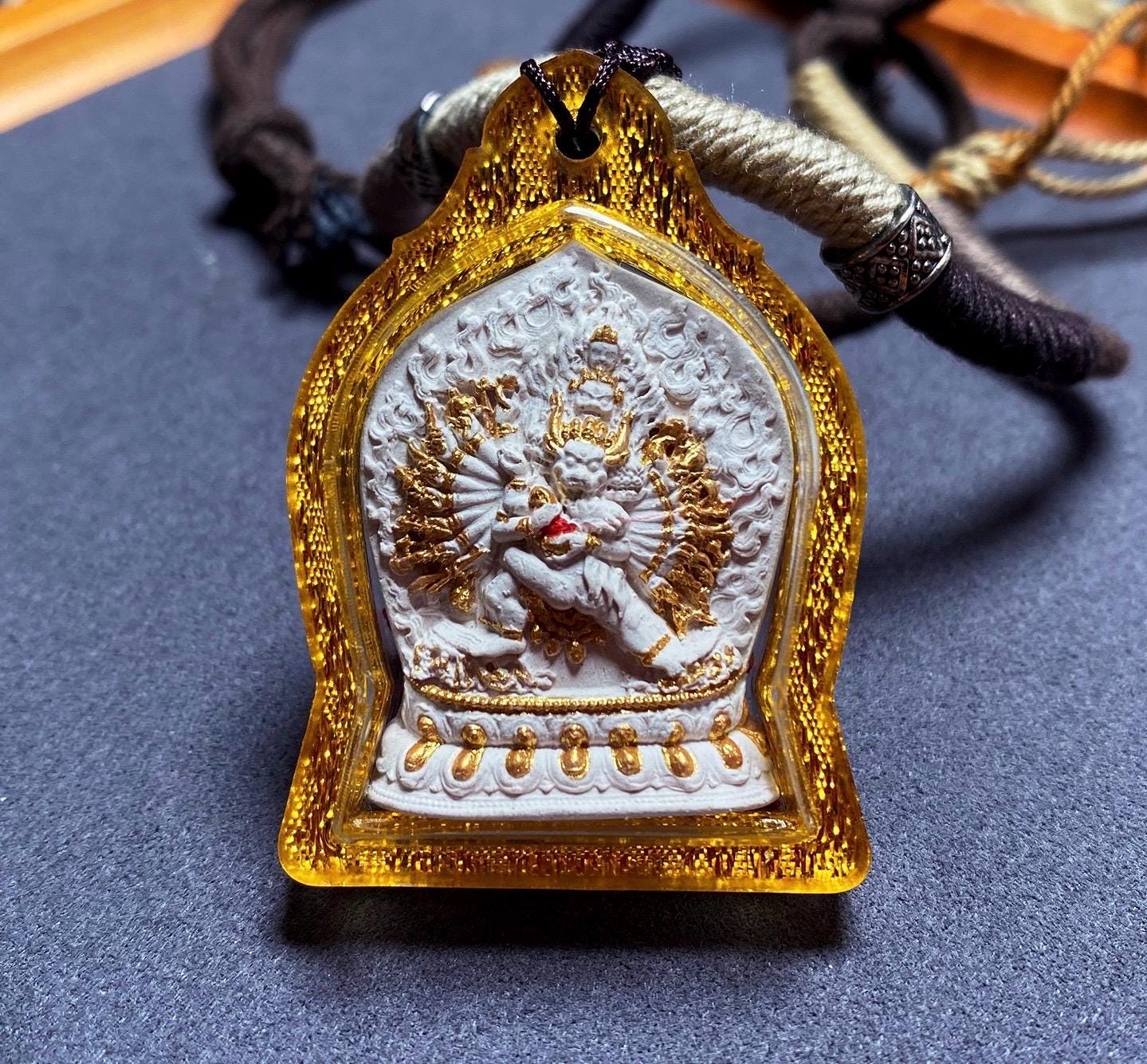 Handpainted Yamantaka Tsa Tsa Pendant, Mineral Pigment Miniature Thangka, Tibetan Sacred Ash Amulet, Buddhist Wrathful Deity Necklace