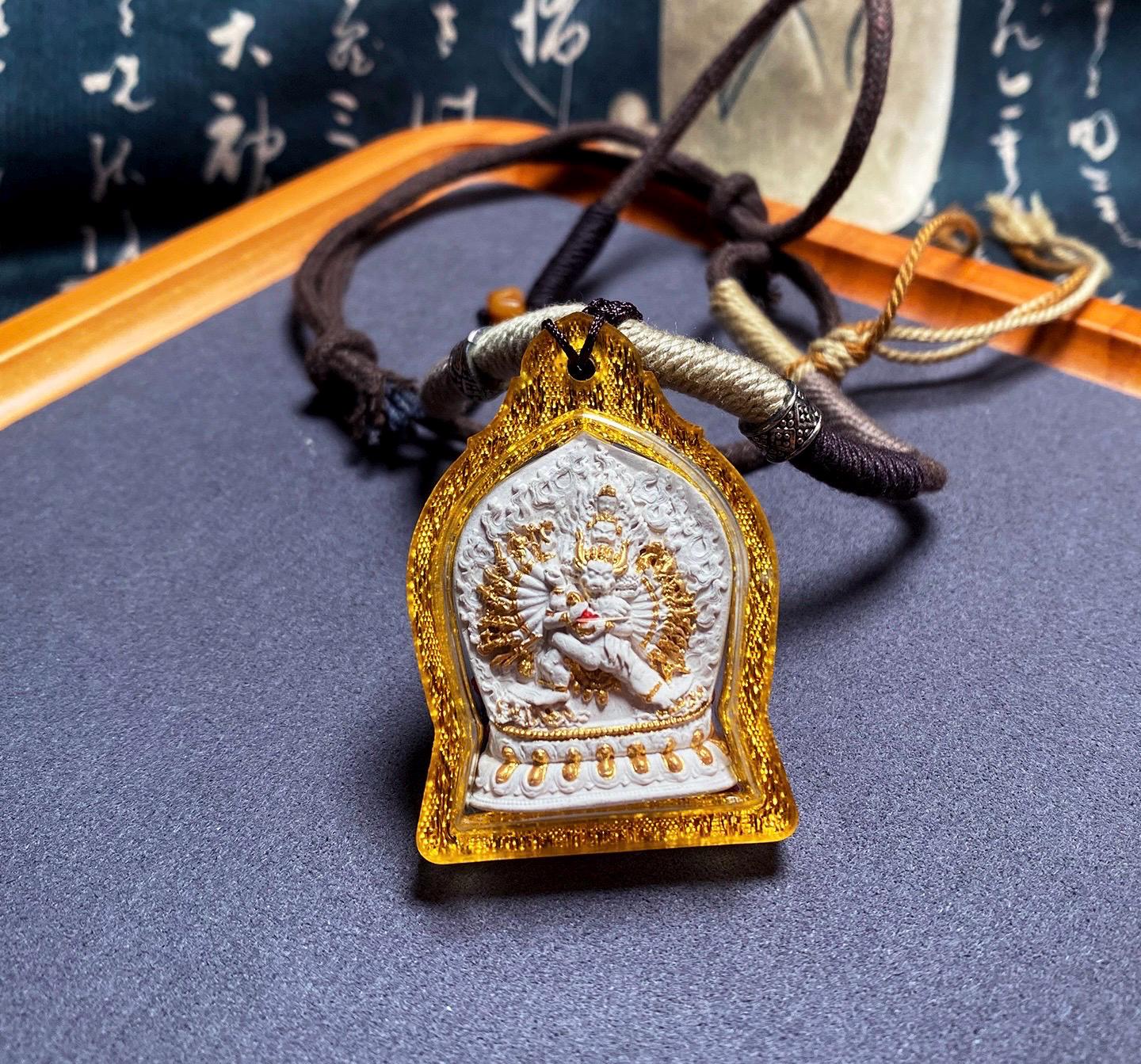 Handpainted Yamantaka Tsa Tsa Pendant, Mineral Pigment Miniature Thangka, Tibetan Sacred Ash Amulet, Buddhist Wrathful Deity Necklace