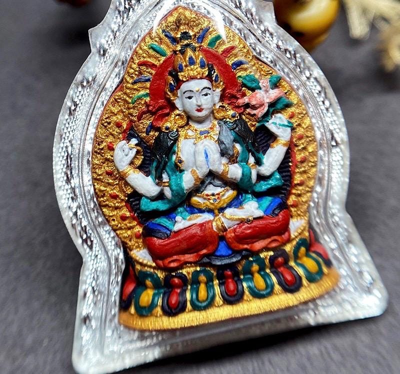 Handpainted Four Armed Chenrezig Tsa Tsa, Tibetan Avalokiteshvara Clay Amulet, Mineral Pigment Gau Box Pendant, Miniature Thangka Gift