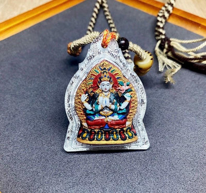Handpainted Four Armed Chenrezig Tsa Tsa, Tibetan Avalokiteshvara Clay Amulet, Mineral Pigment Gau Box Pendant, Miniature Thangka Gift