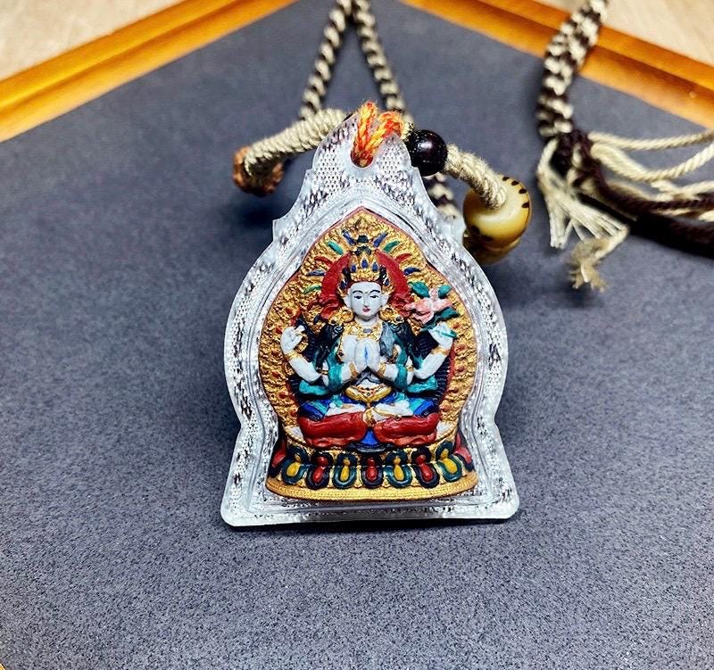Handpainted Four Armed Chenrezig Tsa Tsa, Tibetan Avalokiteshvara Clay Amulet, Mineral Pigment Gau Box Pendant, Miniature Thangka Gift