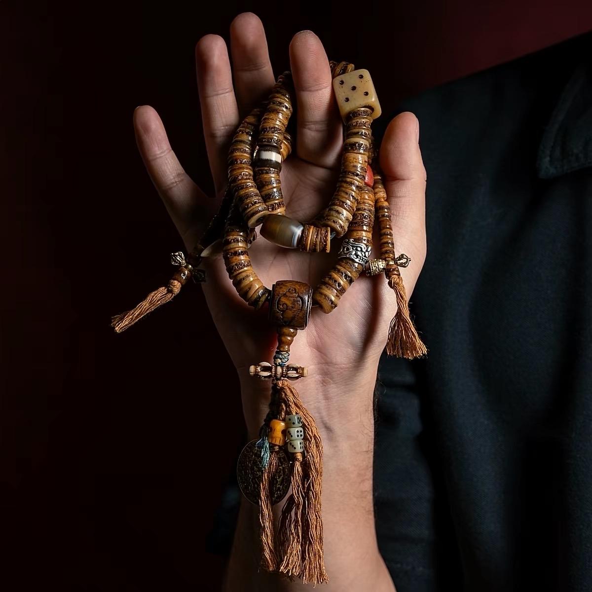 EverestArtStudios Vintage Tibetan Yak Bone Mala | 108 Bead Prayer Necklace | 0.47” (12mm) Handmade Buddhist Meditation
