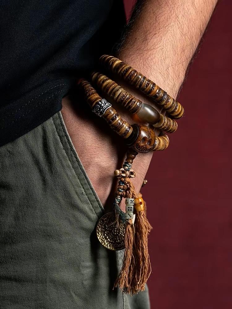 EverestArtStudios Vintage Tibetan Yak Bone Mala | 108 Bead Prayer Necklace | 0.47” (12mm) Handmade Buddhist Meditation