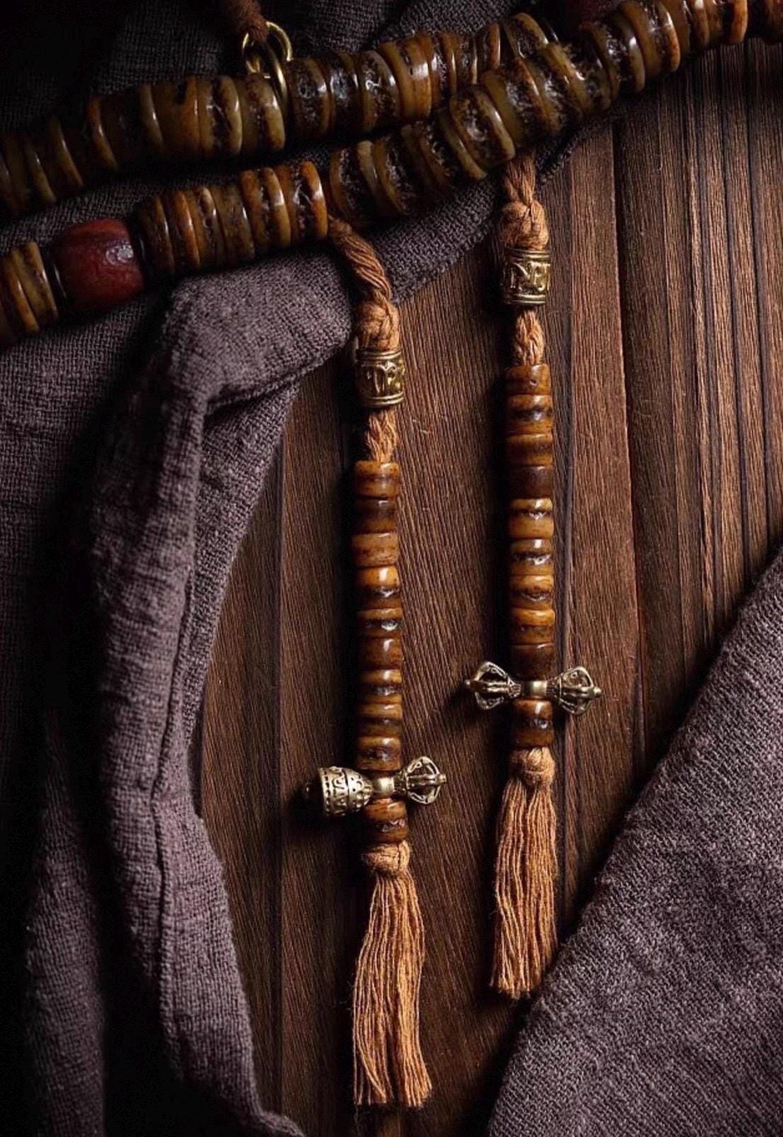 EverestArtStudios Vintage Tibetan Yak Bone Mala | 108 Bead Prayer Necklace | 0.47” (12mm) Handmade Buddhist Meditation