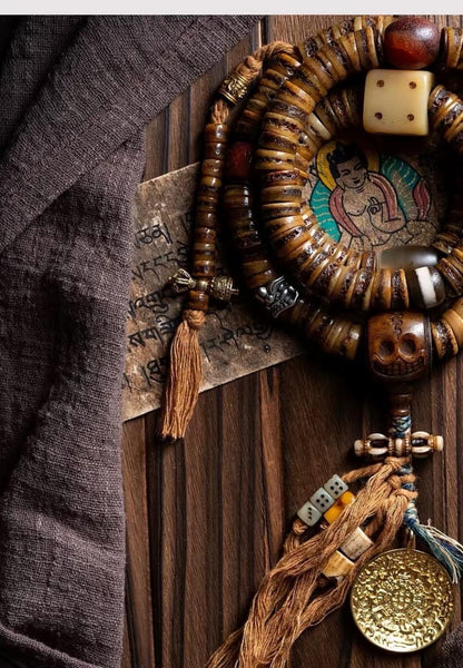 EverestArtStudios Vintage Tibetan Yak Bone Mala | 108 Bead Prayer Necklace | 0.47” (12mm) Handmade Buddhist Meditation