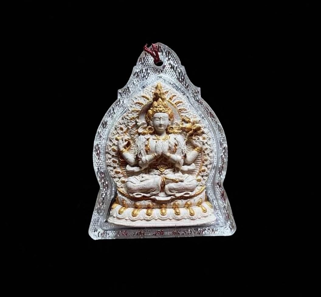 Handpainted Tsa Tsa Pendant Chenrezig Avalokiteshvara, Tibetan Buddhist Amulet, Sacred Incense Ash Miniature Thangka Necklace Gift