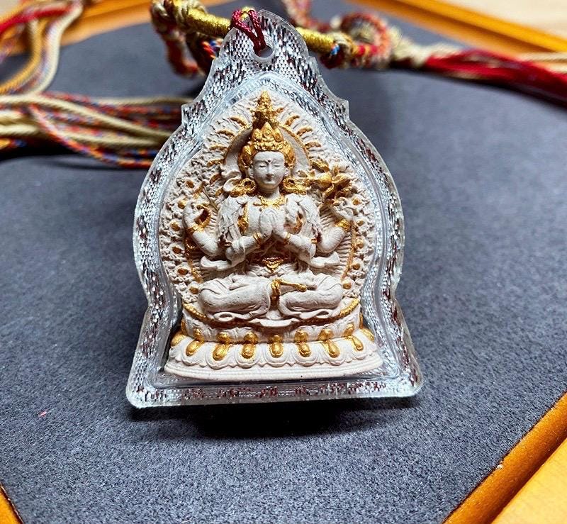 Handpainted Tsa Tsa Pendant Chenrezig Avalokiteshvara, Tibetan Buddhist Amulet, Sacred Incense Ash Miniature Thangka Necklace Gift