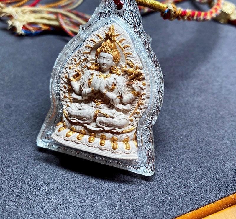 Handpainted Tsa Tsa Pendant Chenrezig Avalokiteshvara, Tibetan Buddhist Amulet, Sacred Incense Ash Miniature Thangka Necklace Gift