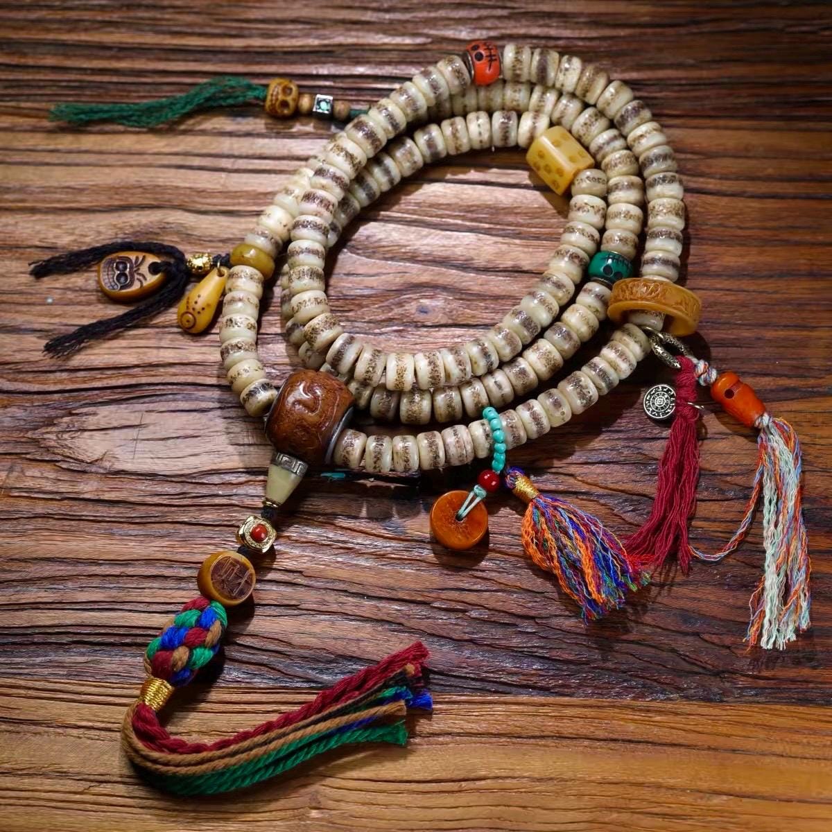 EverestArtStudios Vintage Handmade Original Design Tibetan Yak Bone Barrel Bead 108 Mala Necklace & Wrap Bracelet