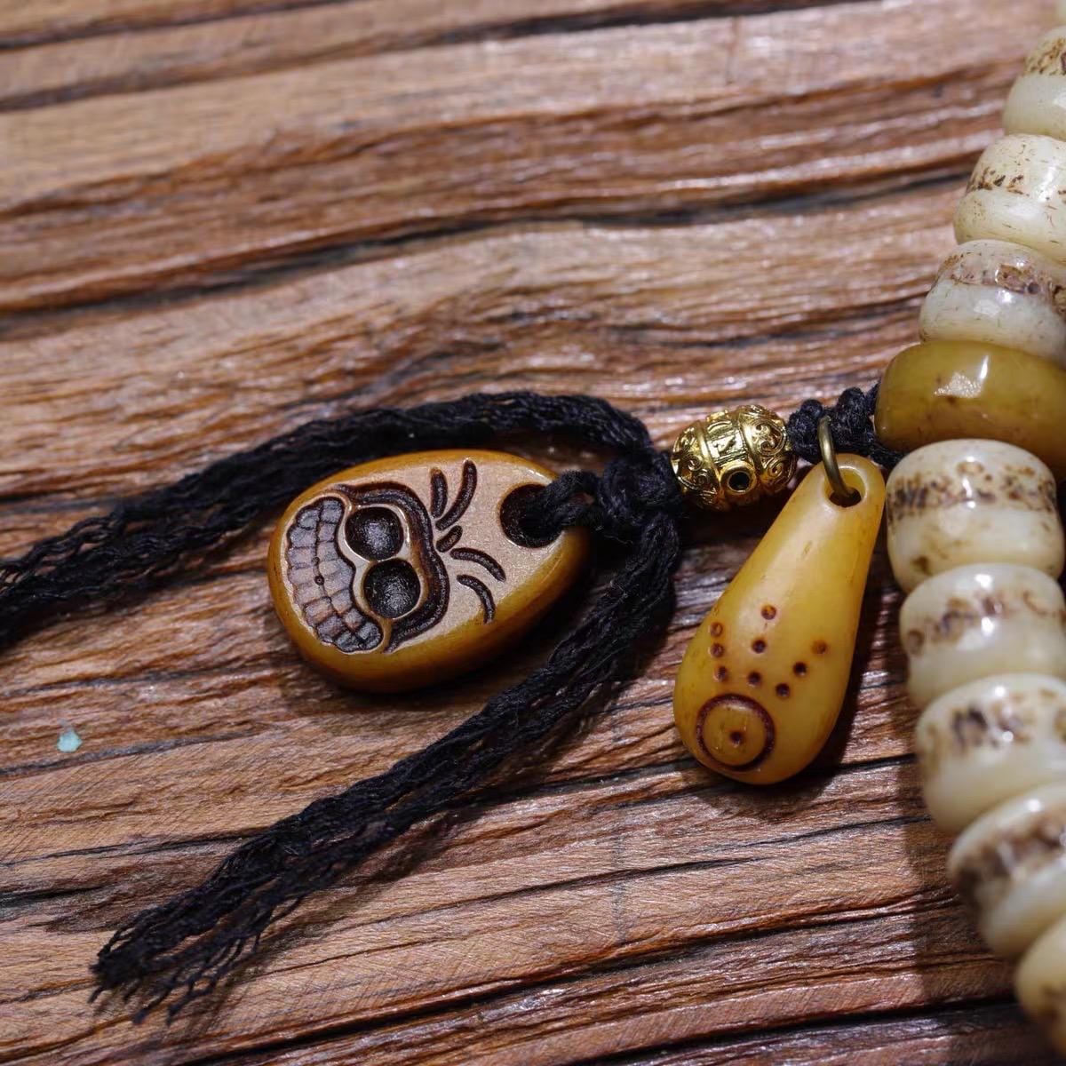 EverestArtStudios Vintage Handmade Original Design Tibetan Yak Bone Barrel Bead 108 Mala Necklace & Wrap Bracelet
