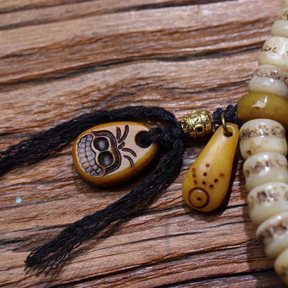 EverestArtStudios Vintage Handmade Original Design Tibetan Yak Bone Barrel Bead 108 Mala Necklace & Wrap Bracelet