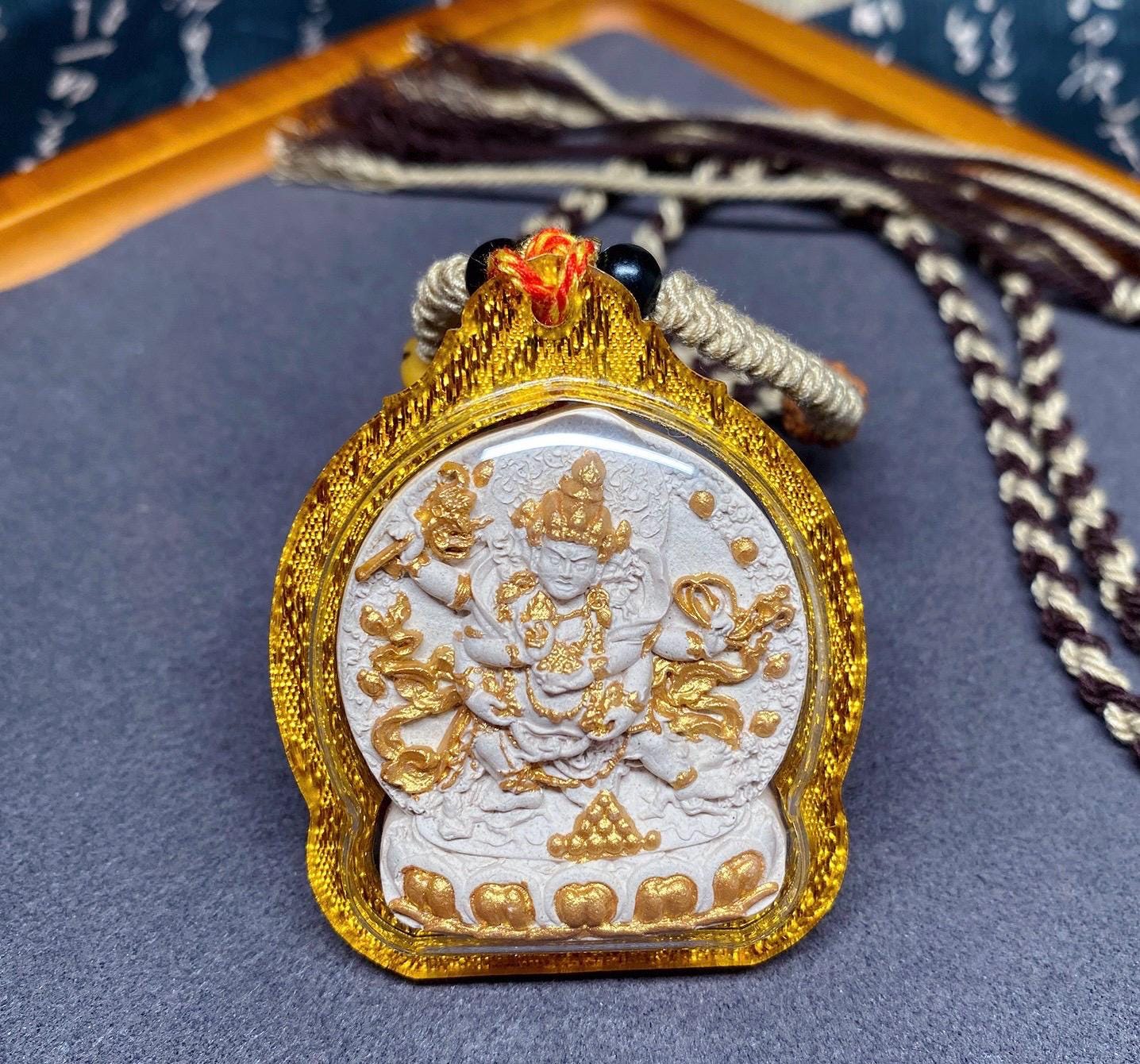 Handpainted Red Jambhala Tsa Tsa, Tibetan Wealth Deity Clay Amulet, Mineral Pigment Gau Box Pendant, Miniature Thangka Gift