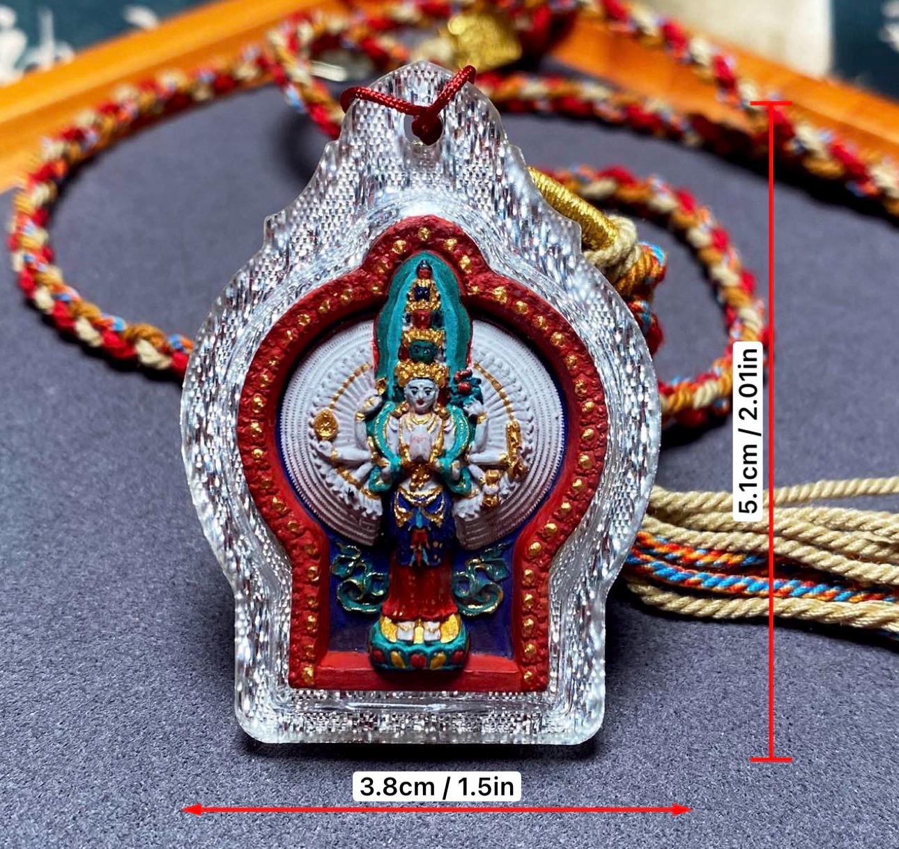 Handpainted Thousand-Hand Guanyin Tsa Tsa, Tibetan Miniature Thangka Pendant, Sacred Ash Avalokiteshvara Amulet Buddhist Necklace