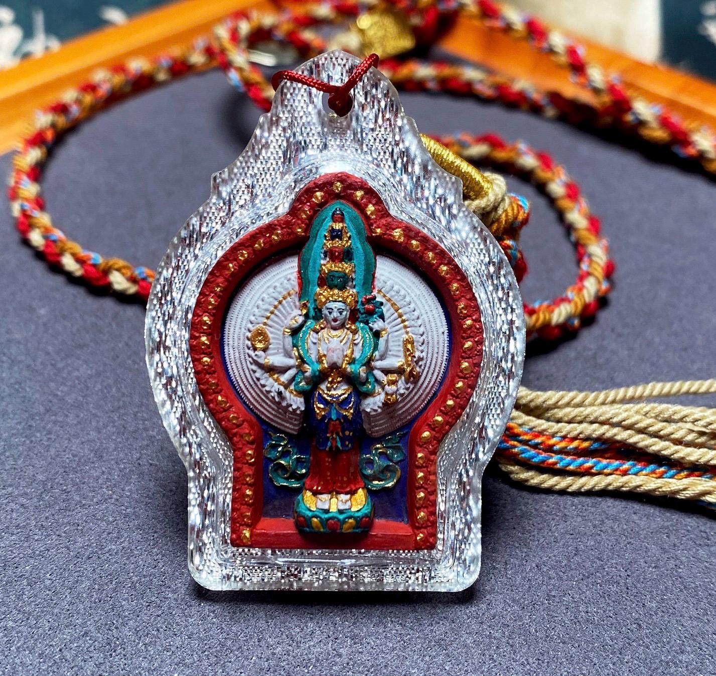 Handpainted Thousand-Hand Guanyin Tsa Tsa, Tibetan Miniature Thangka Pendant, Sacred Ash Avalokiteshvara Amulet Buddhist Necklace