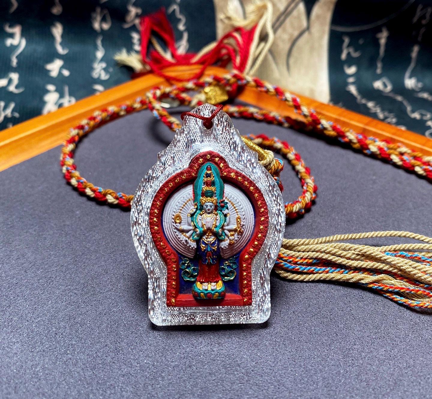 Handpainted Thousand-Hand Guanyin Tsa Tsa, Tibetan Miniature Thangka Pendant, Sacred Ash Avalokiteshvara Amulet Buddhist Necklace