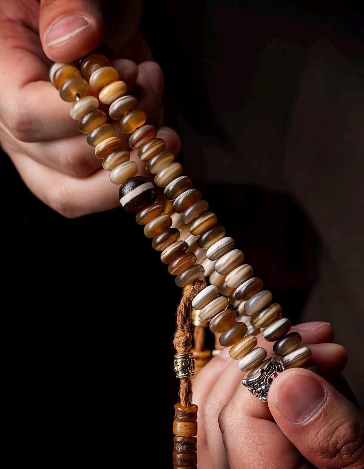 EverestArtStudios Tibetan-Style Twisted Goat Horn Mala Bracelet | 108 Beads | Original Design | Handmade Buddhist Prayer Beads
