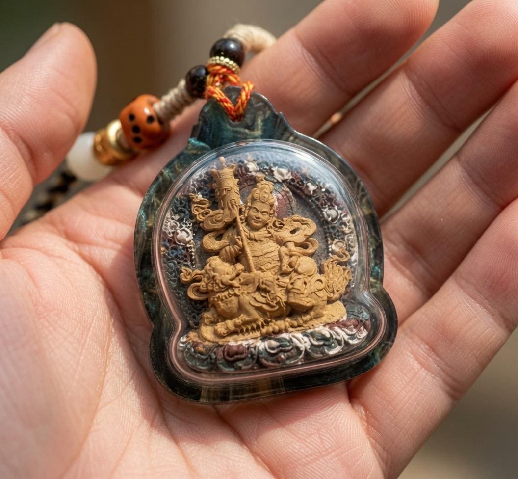Handpainted Vaisravana Tsa Tsa, Tibetan Wealth King Clay Amulet, Mineral Pigment Gau Box Pendant, Miniature Thangka Gift