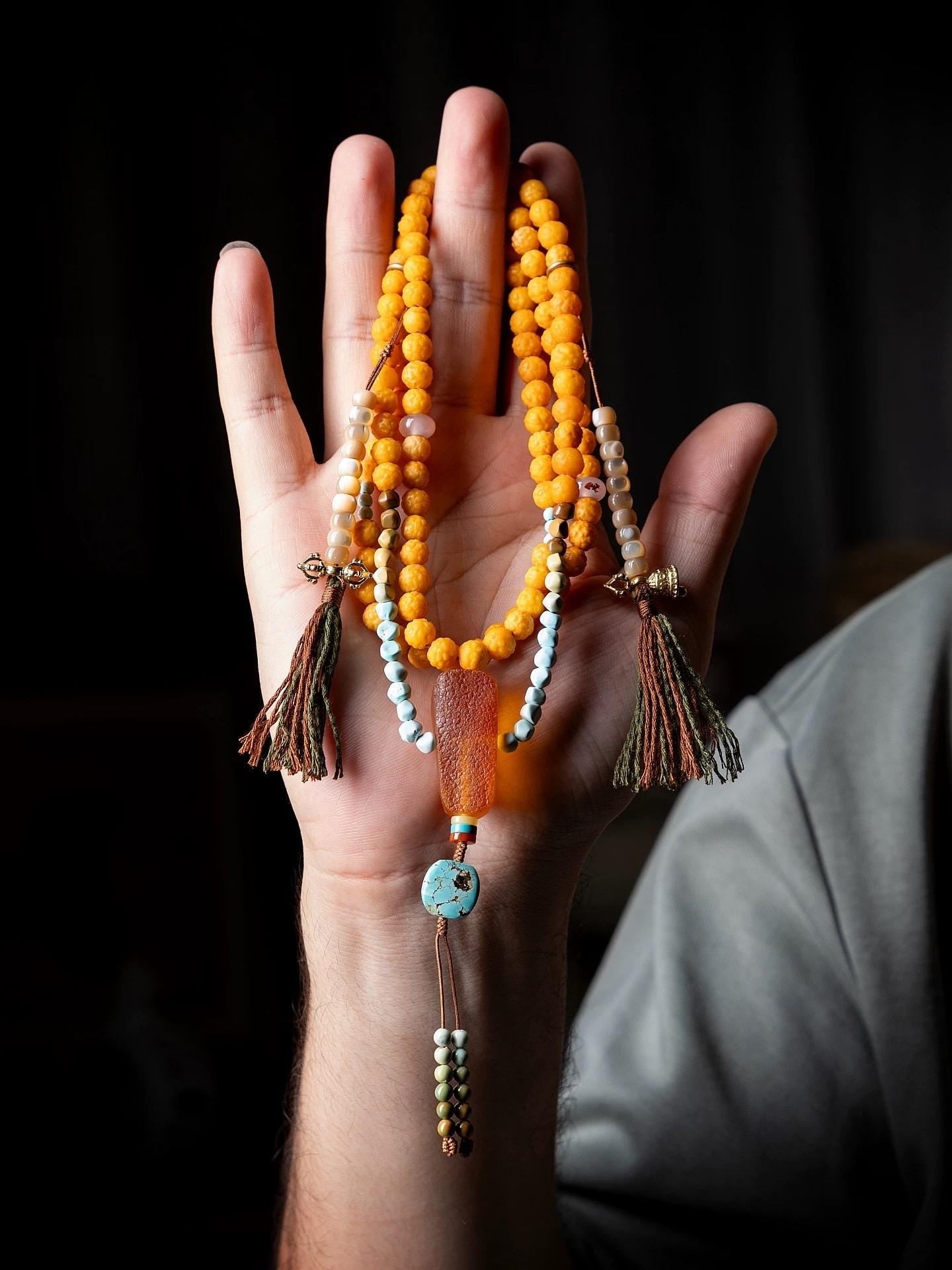 EverestArtStudiosRARE FIND One-of-a-Kind Natural Amber Mala Necklace | 108 Buddhist Prayer Beads with Turquoise, Lapis Lazuli & Gemstone Acc