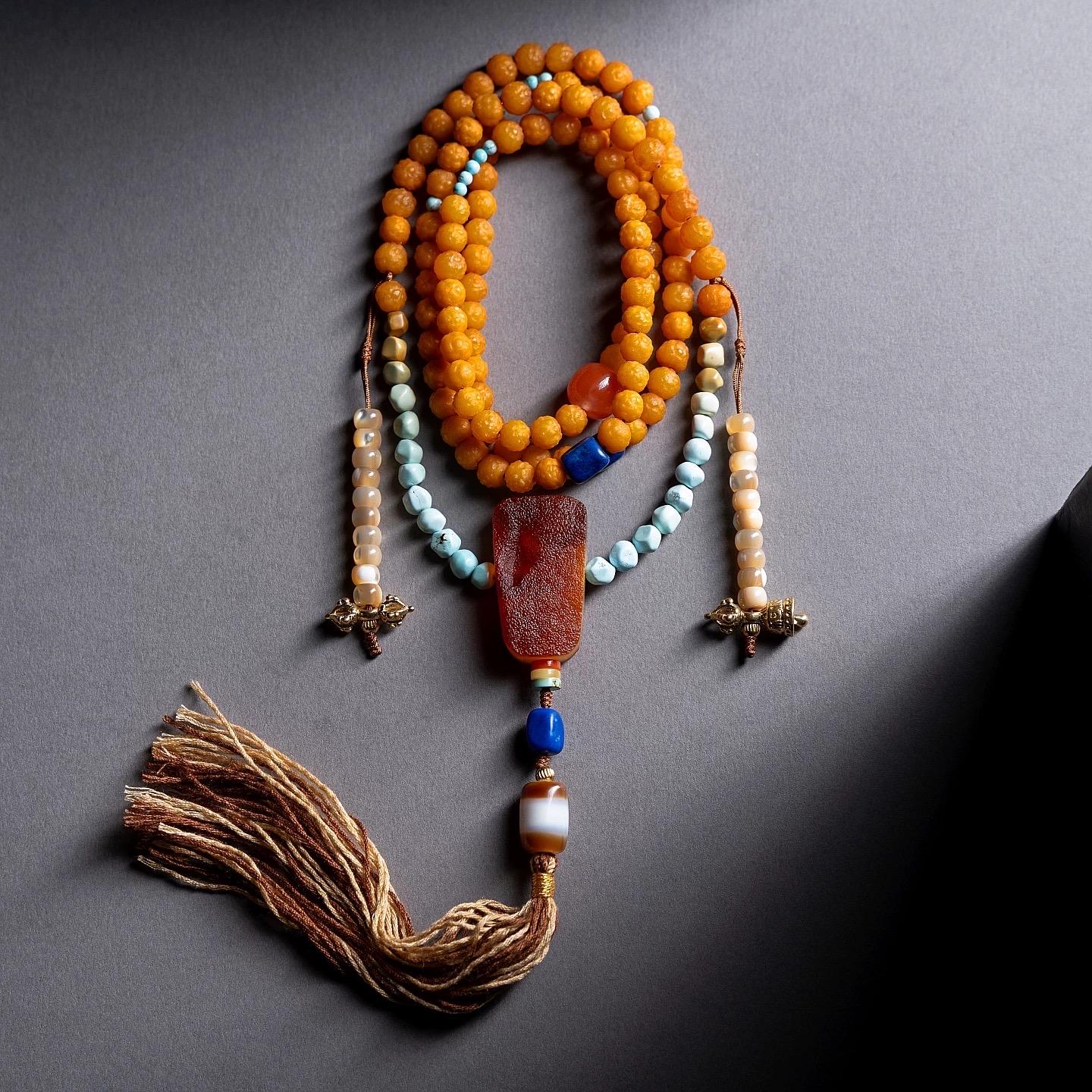 EverestArtStudiosRARE FIND One-of-a-Kind Natural Amber Mala Necklace | 108 Buddhist Prayer Beads with Turquoise, Lapis Lazuli & Gemstone Acc