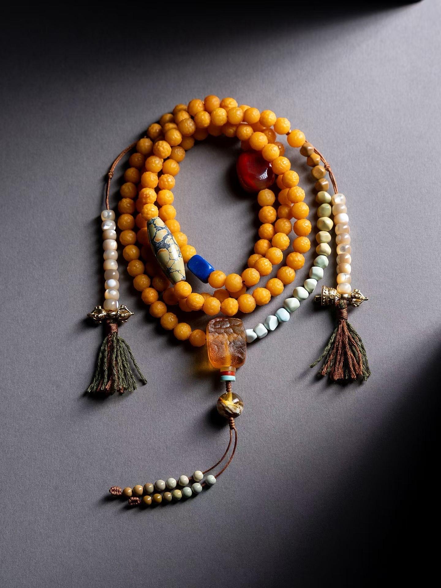 EverestArtStudiosRARE FIND One-of-a-Kind Natural Amber Mala Necklace | 108 Buddhist Prayer Beads with Turquoise, Lapis Lazuli & Gemstone Acc