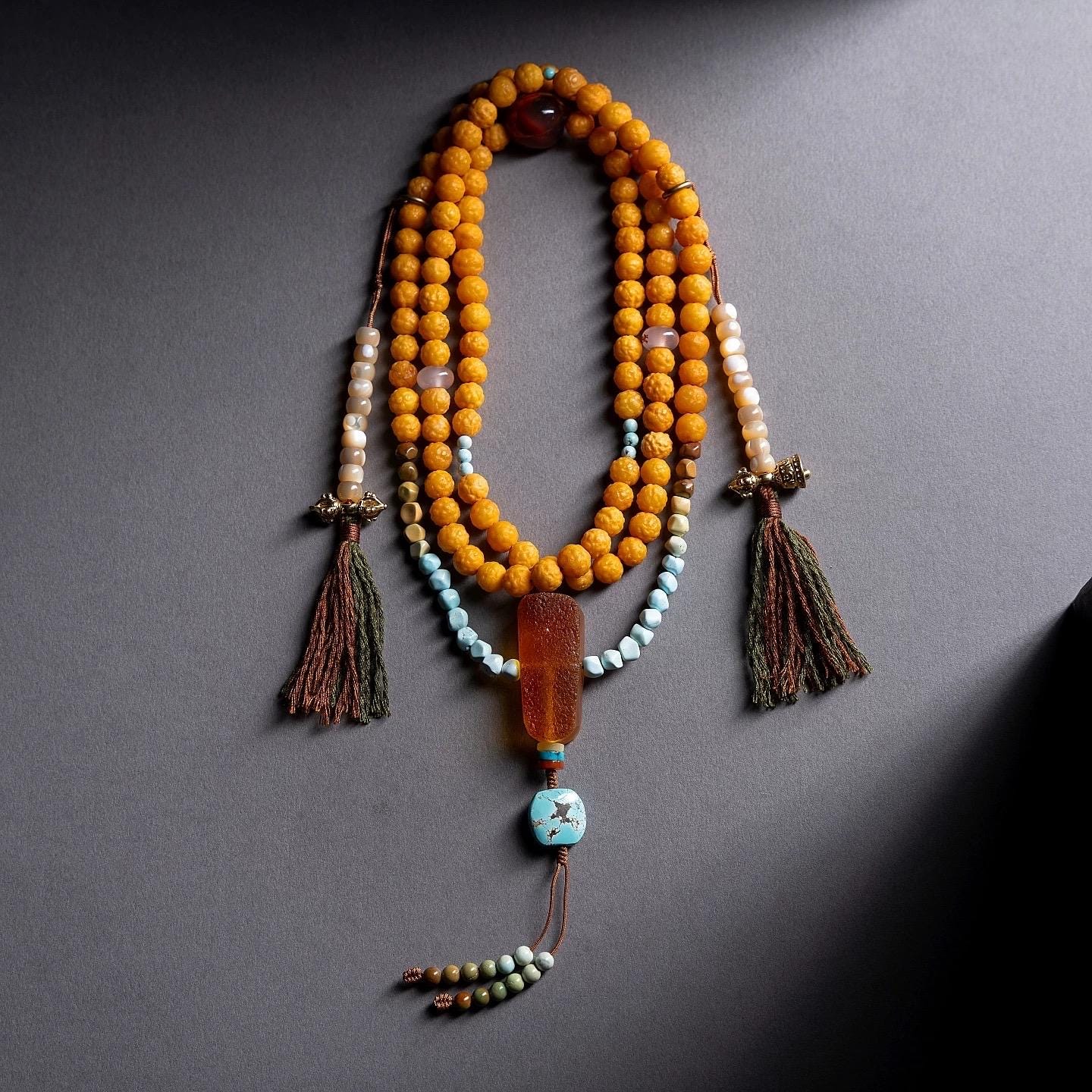 EverestArtStudiosRARE FIND One-of-a-Kind Natural Amber Mala Necklace | 108 Buddhist Prayer Beads with Turquoise, Lapis Lazuli & Gemstone Acc