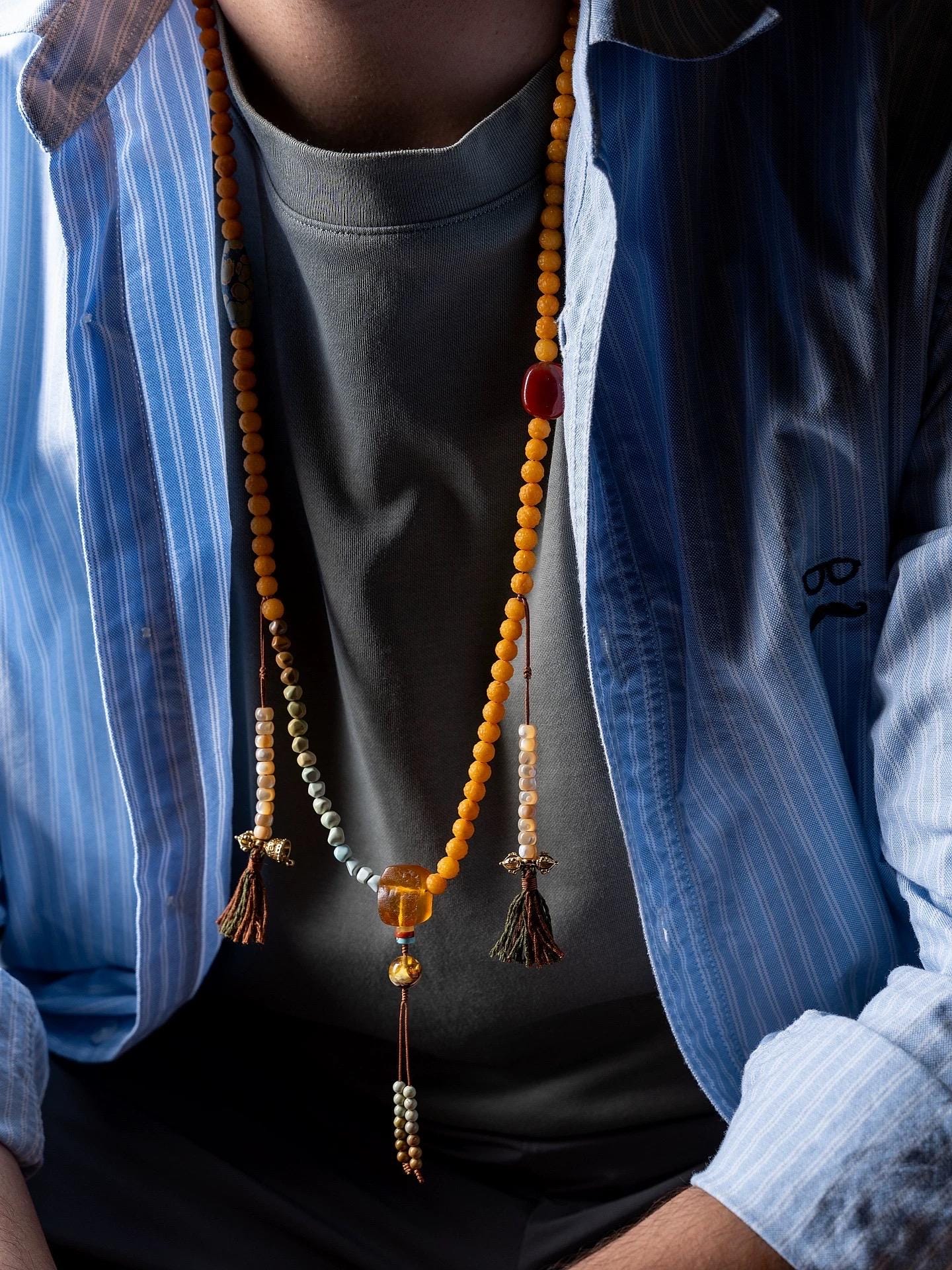 EverestArtStudiosRARE FIND One-of-a-Kind Natural Amber Mala Necklace | 108 Buddhist Prayer Beads with Turquoise, Lapis Lazuli & Gemstone Acc