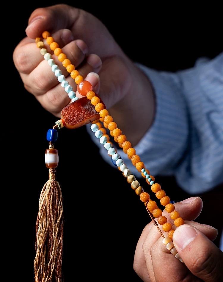 EverestArtStudiosRARE FIND One-of-a-Kind Natural Amber Mala Necklace | 108 Buddhist Prayer Beads with Turquoise, Lapis Lazuli & Gemstone Acc