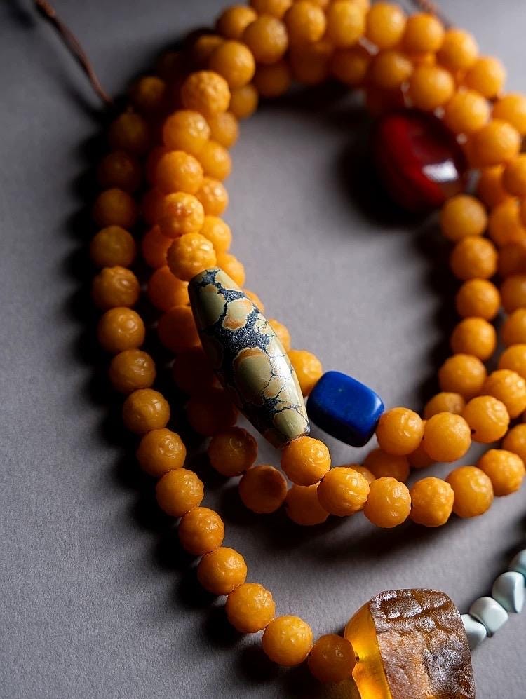 EverestArtStudiosRARE FIND One-of-a-Kind Natural Amber Mala Necklace | 108 Buddhist Prayer Beads with Turquoise, Lapis Lazuli & Gemstone Acc