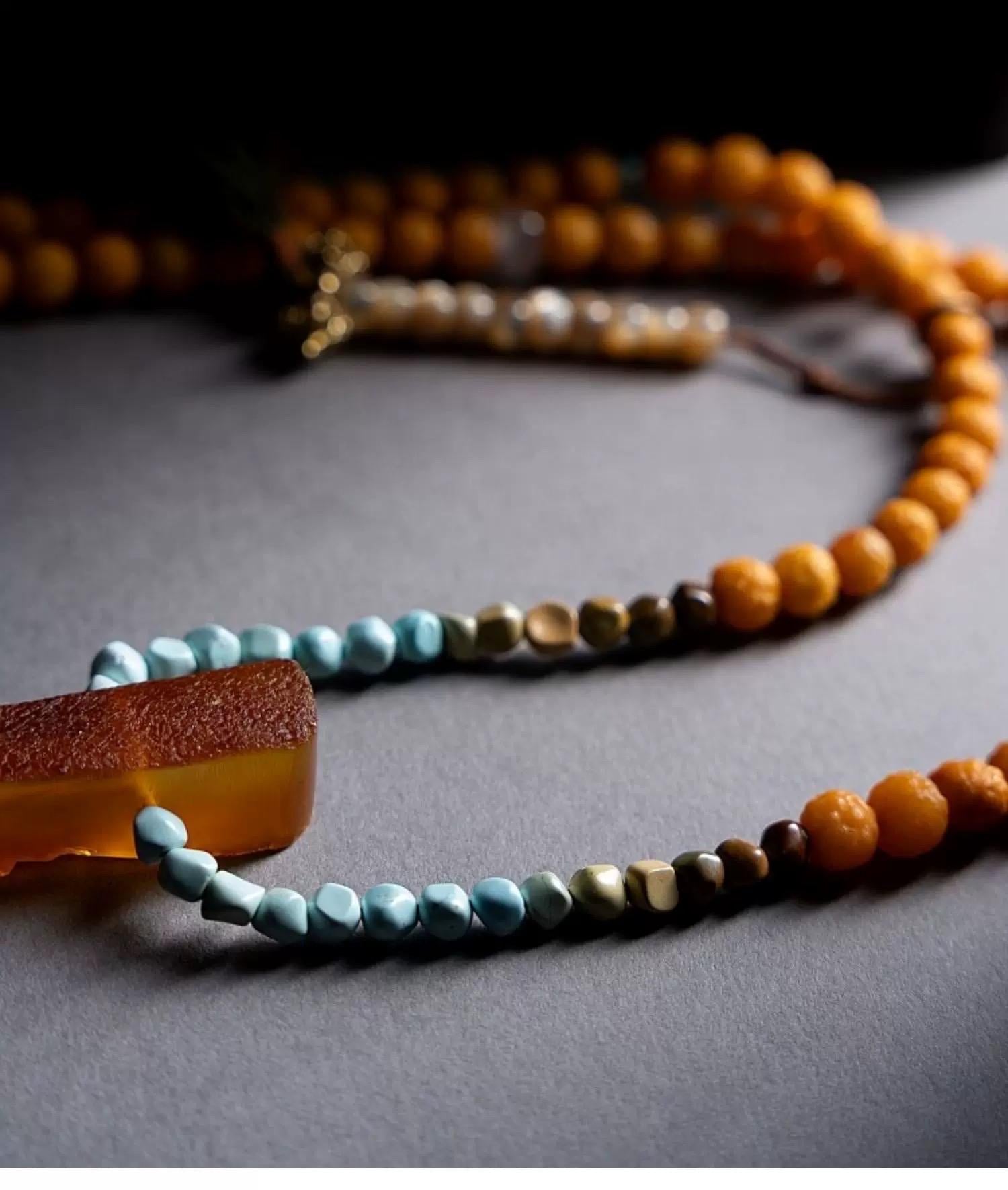 EverestArtStudiosRARE FIND One-of-a-Kind Natural Amber Mala Necklace | 108 Buddhist Prayer Beads with Turquoise, Lapis Lazuli & Gemstone Acc