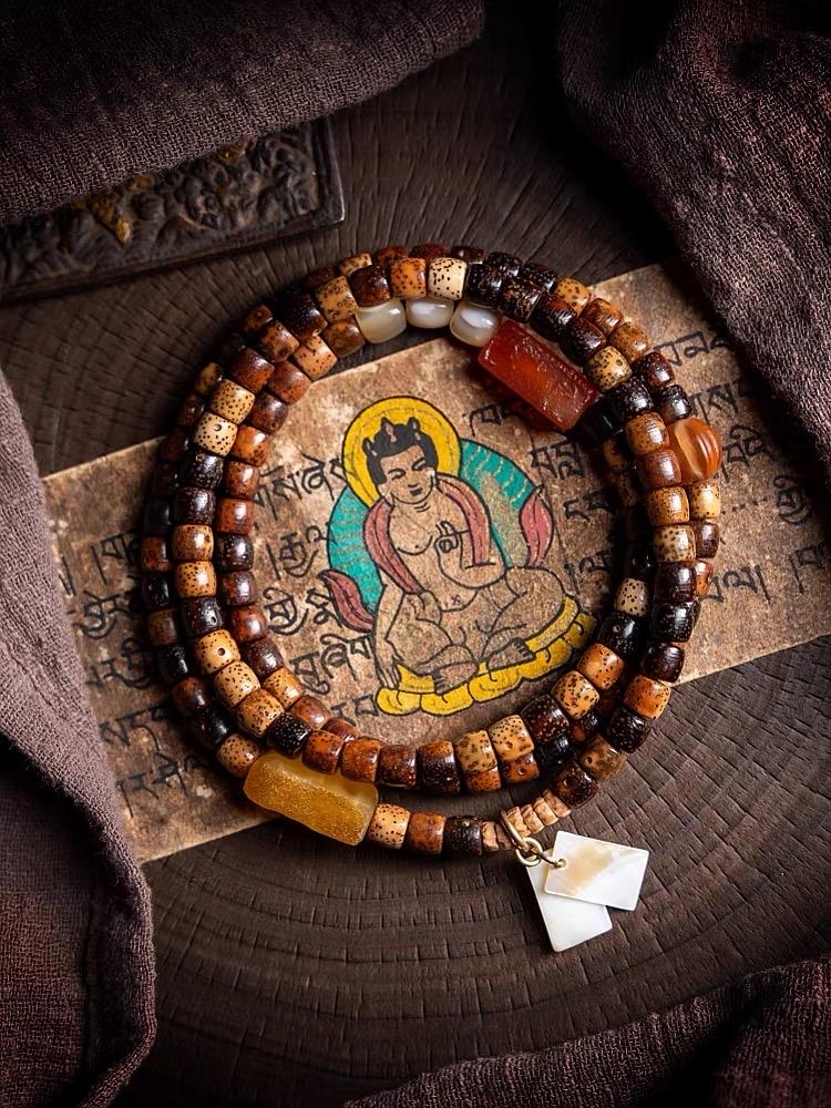 EverestArtStudios Vintage Star & Moon Bodhi Seed Mala Bracelet – 108 Beads | Tibetan Style Meditation Bracelet | Natural Bodhi Root