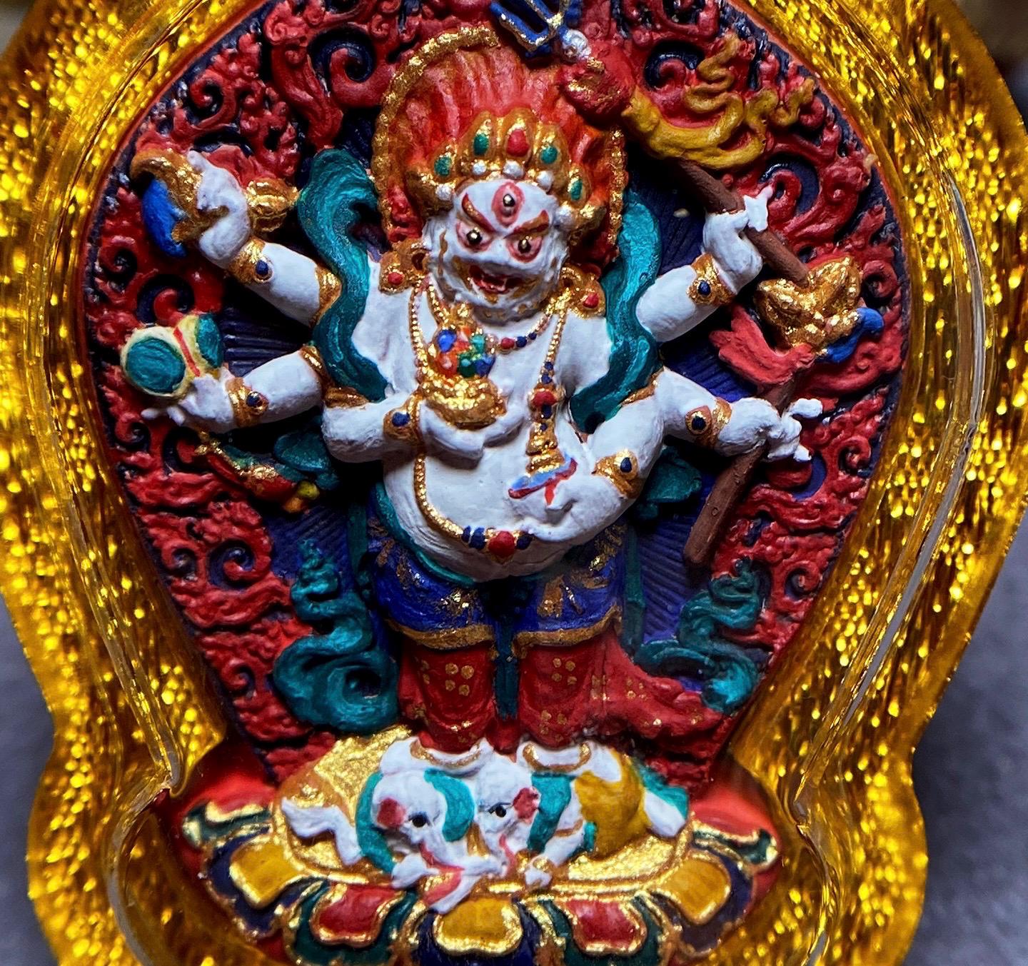 Handpainted White Mahakala Tsa Tsa, Six-Armed Avalokiteshvara Amulet, Tibetan Medicine Clay Pendant, Buddhist Wealth Protector Jewelry