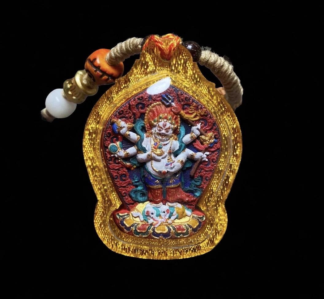 Handpainted White Mahakala Tsa Tsa, Six-Armed Avalokiteshvara Amulet, Tibetan Medicine Clay Pendant, Buddhist Wealth Protector Jewelry