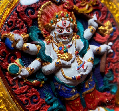 Handpainted White Mahakala Tsa Tsa, Six-Armed Avalokiteshvara Amulet, Tibetan Medicine Clay Pendant, Buddhist Wealth Protector Jewelry