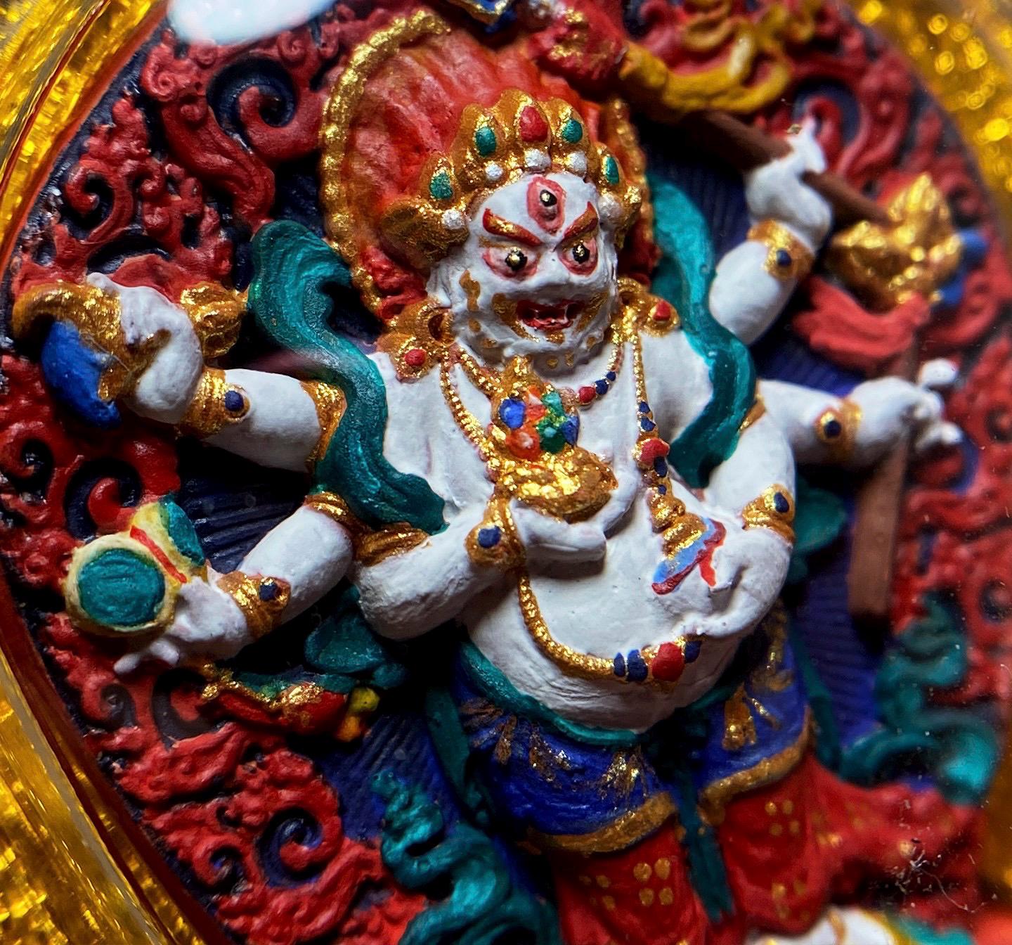 Handpainted White Mahakala Tsa Tsa, Six-Armed Avalokiteshvara Amulet, Tibetan Medicine Clay Pendant, Buddhist Wealth Protector Jewelry