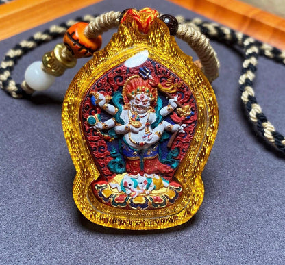 Handpainted White Mahakala Tsa Tsa, Six-Armed Avalokiteshvara Amulet, Tibetan Medicine Clay Pendant, Buddhist Wealth Protector Jewelry