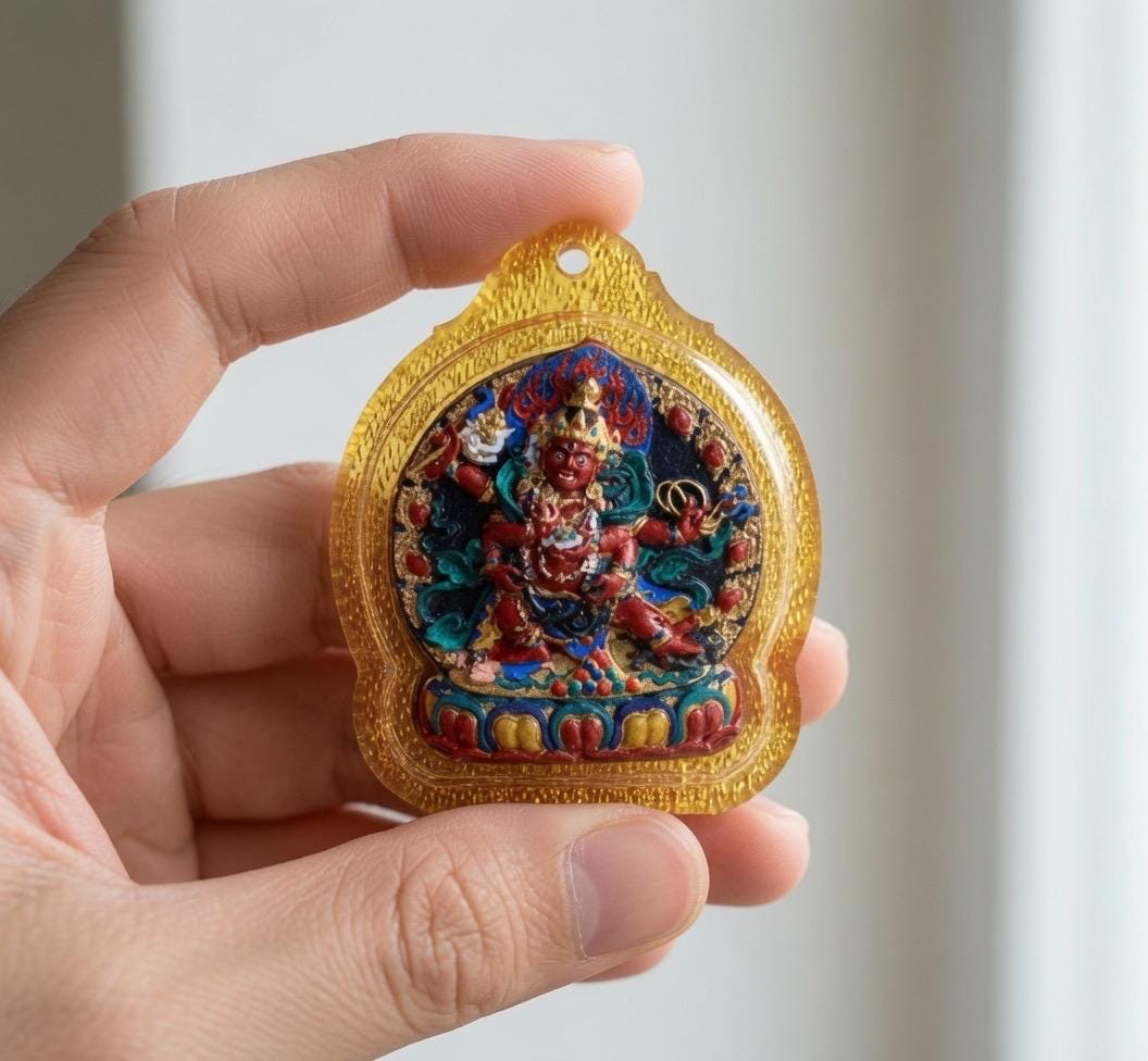 Handpainted Red Jambhala Tsa Tsa, Tibetan Wealth Deity Clay Amulet, Mineral Pigment Gau Box Pendant, Miniature Thangka Gift