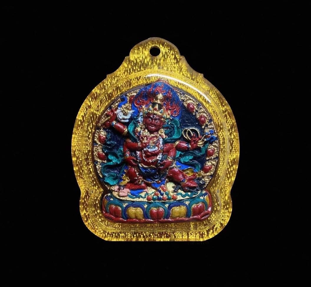 Handpainted Red Jambhala Tsa Tsa, Tibetan Wealth Deity Clay Amulet, Mineral Pigment Gau Box Pendant, Miniature Thangka Gift