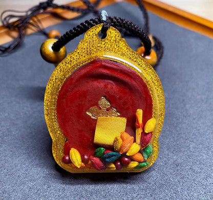 Handpainted Red Jambhala Tsa Tsa, Tibetan Wealth Deity Clay Amulet, Mineral Pigment Gau Box Pendant, Miniature Thangka Gift